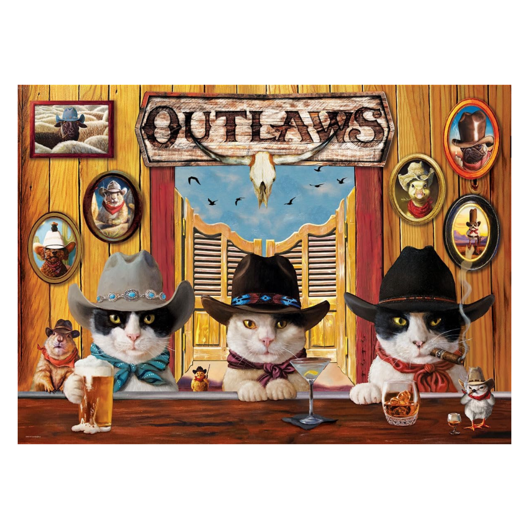 Three cats in cowboy hats with drinks at a bar, with 'Outlaws' sign above.
