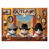Three cats in cowboy hats with drinks at a bar, with 'Outlaws' sign above.