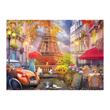 Colorful Parisian scene with Eiffel Tower, cafe, and vintage car.