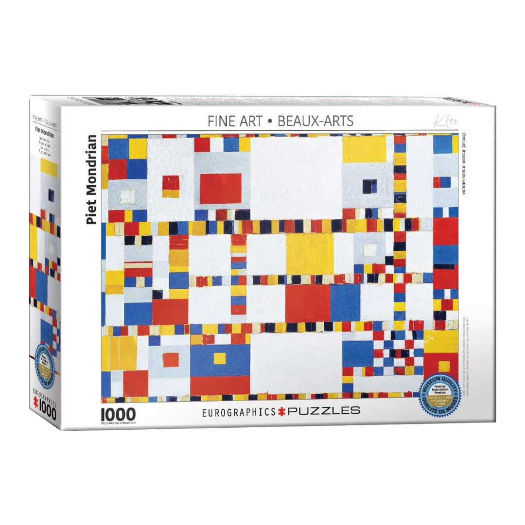 Piet Mondrian-style puzzle box with colorful square pattern on a white background