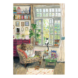 Illustration of a cozy living room with a woman on an armchair and a cat by a window.