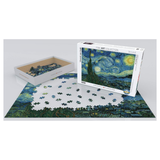 Jigsaw puzzle set with 'Starry Night' design on a white background
