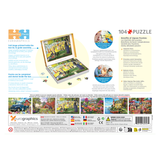 Puzzle packaging with images of a completed puzzle and text about the product.