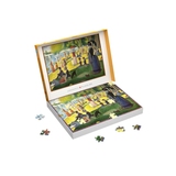 Puzzle box with a colorful painting on the lid, featuring people and dogs in a park setting.