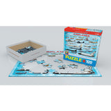 Puzzle set with airplane-themed pieces and packaging on a white background