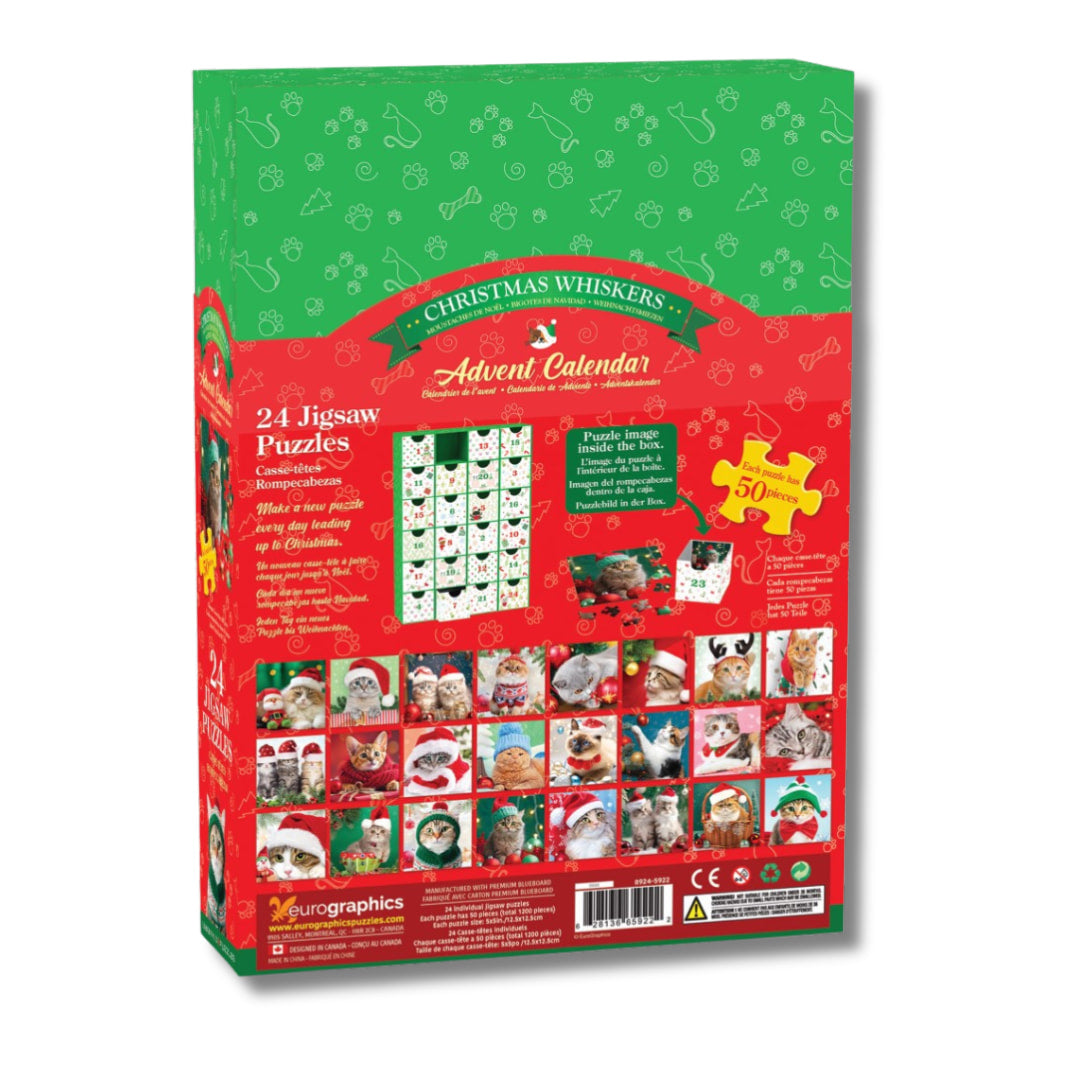 Back of package of Eurographics Christmas Advent jigsaw puzzles of cats