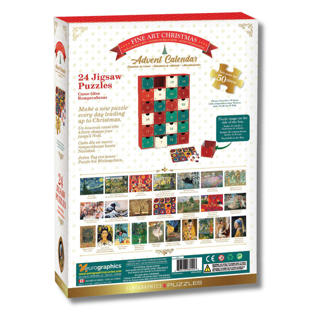 back of Eurographics jigsaw puzzle advent calendar package featuring fine art images