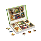 Open package of a jigsaw puzzle featuring famous works of art.