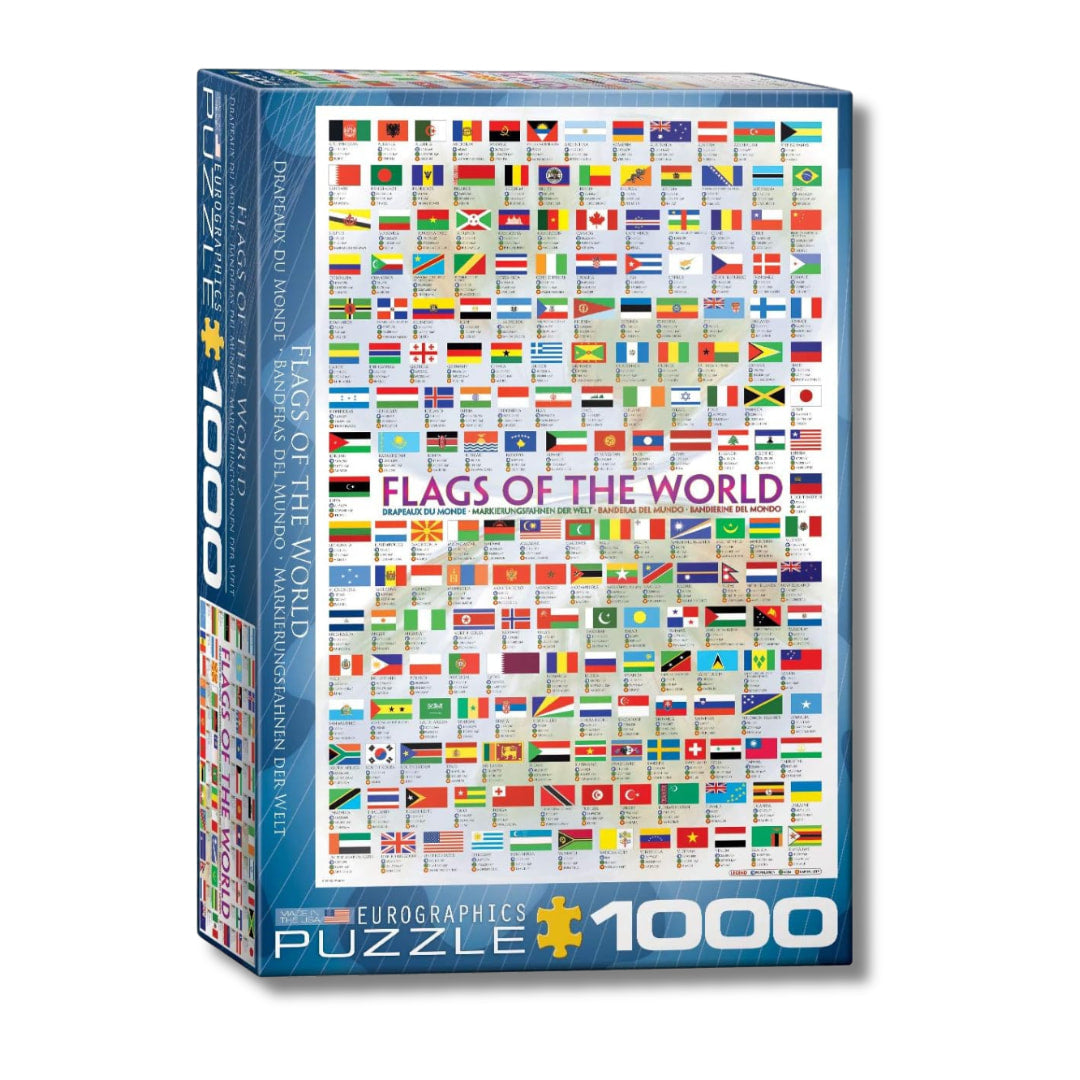 Jigsaw puzzle box with 'Flags of the World' design on a white background
