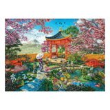 Colorful illustration of a Japanese garden with cherry blossoms, a pagoda, and a person with an umbrella.
