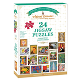 Box of 'Modern Fine Art Christmas Advent Calendar' jigsaw puzzles by Eurographics Puzzles, featuring 24 puzzles and colorful artwork panels on the front and side.
