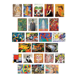 A grid of 35 colorful art prints or paintings arranged on a plain white background, featuring diverse abstract, portrait, and landscape-style works.