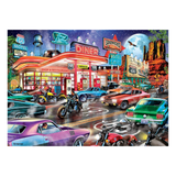 Colorful scene of a diner and Route 66-themed street with cars and motorcycles.