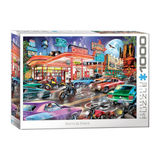 Puzzle box featuring a Route 66 diner scene with colorful cars and motorcycles.