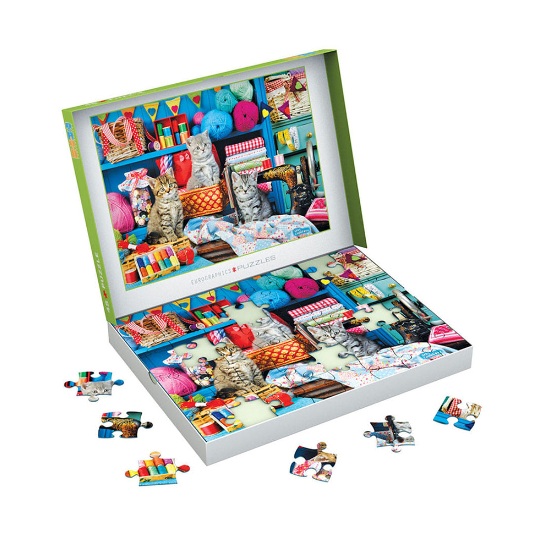 Eurographics Puzzles - Sewing Room Kittens 48 Piece Puzzle - Connecting Pieces - The Puzzle Nerds 