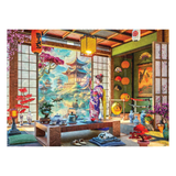 Decorative scene with a person in a kimono standing in a room with Japanese decor elements.