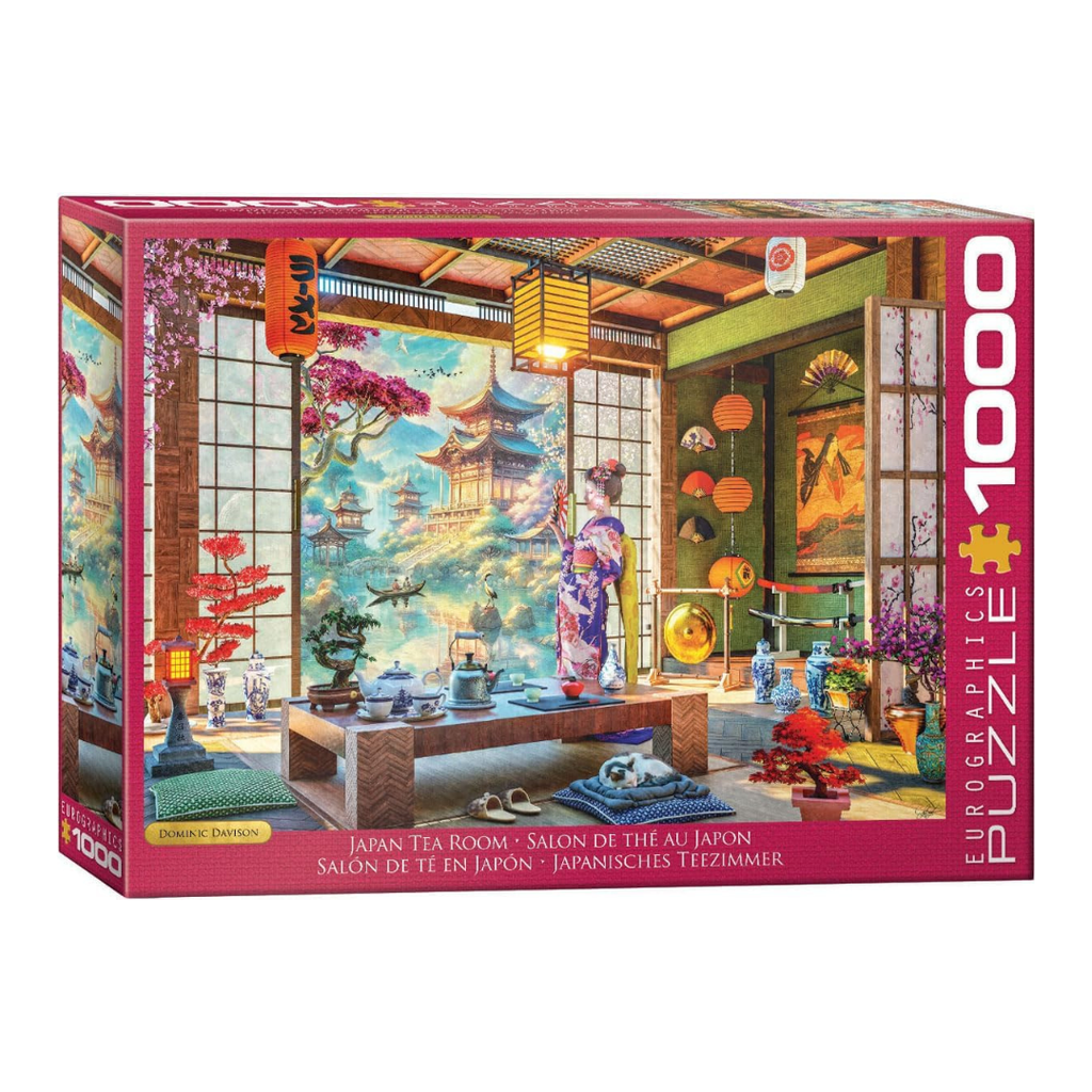 Jigsaw puzzle box featuring a Japanese tea room scene with colorful decorations.