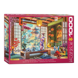 Jigsaw puzzle box featuring a Japanese tea room scene with colorful decorations.