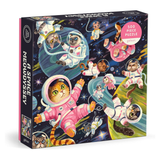 Jigsaw puzzle box with cats in space-themed design on a white background