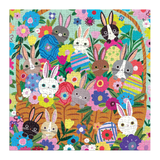 Colorful puzzle with cartoon rabbits and Easter eggs on a floral background