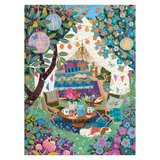 Colorful illustration of a garden scene with furniture and flowers