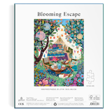 Jigsaw puzzle packaging with 'Blooming Escape' design on a white background