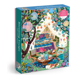 Colorful puzzle box with a garden scene design on a white background