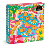 Colorful puzzle box with capybaras at a pool party on a white background