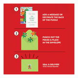 Instructions for a Christmas-themed puzzle with envelopes and cards on a red background.