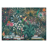 Colorful fireworks display over a river with boats on a decorative paper.