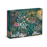 Jigsaw puzzle box with fireworks and boats design on a white background