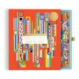 Puzzle box with colorful geometric design on an orange background