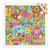Colorful children's puzzle with Easter-themed design featuring bunnies, cars, and houses.