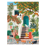 Colorful illustration of a Mediterranean-style garden with orange trees, plants, and cats.