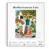 Jigsaw puzzle packaging with 'Mediterranean Cats' design on a white background