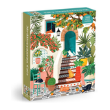 Jigsaw puzzle box with a colorful illustration of a garden scene on a white background