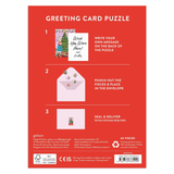 Greeting card puzzle packaging with instructions on a red background