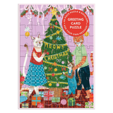 Greeting card puzzle with cats around a Christmas tree on a purple background