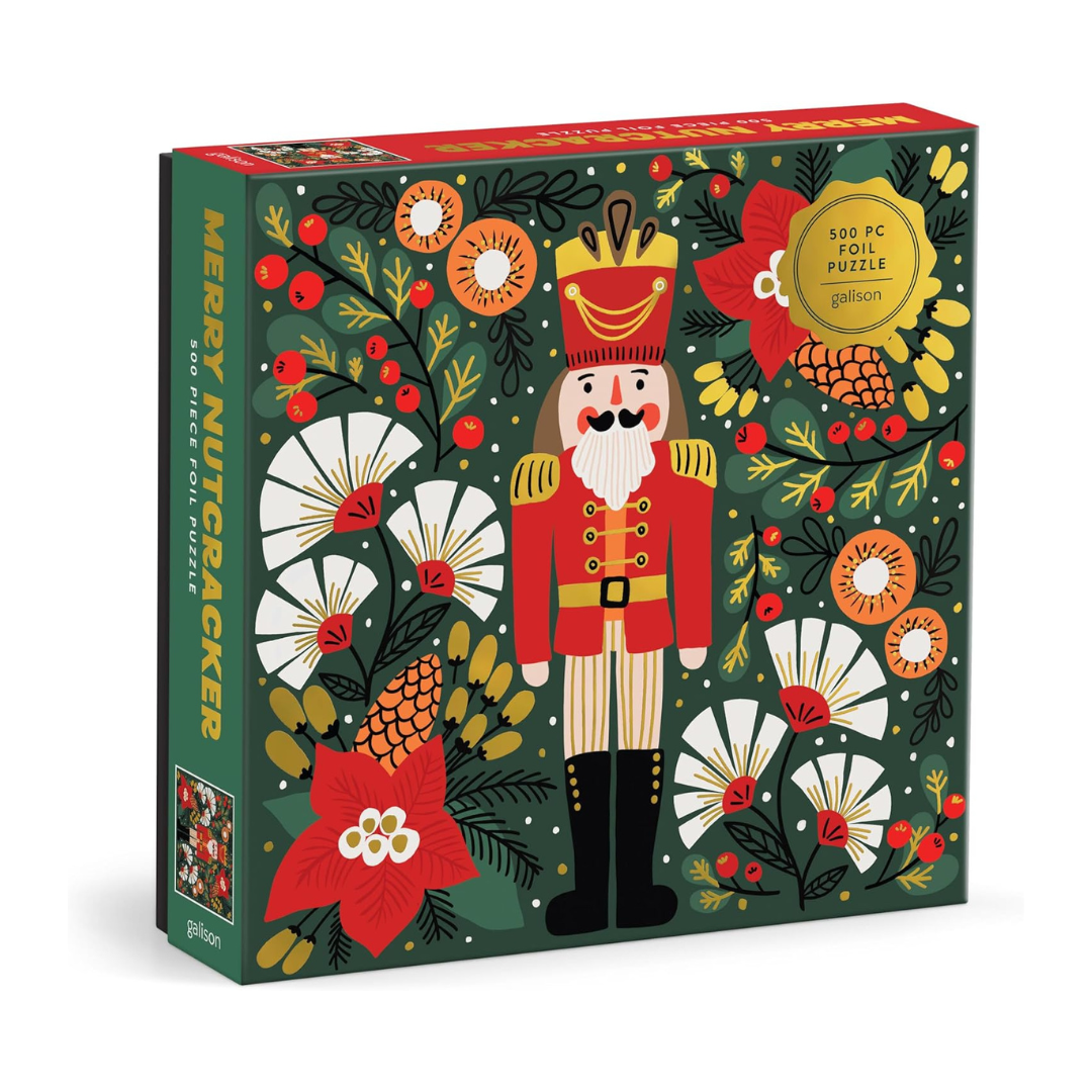Jigsaw puzzle box featuring a Nutcracker design with flowers and festive elements.