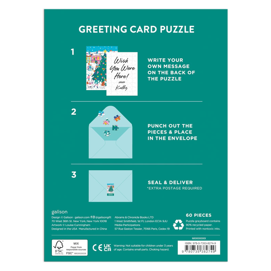 Greeting card puzzle packaging with instructions on a teal background