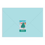 Light blue envelope with a Christmas-themed greeting card featuring a tree and reindeer on a white background.