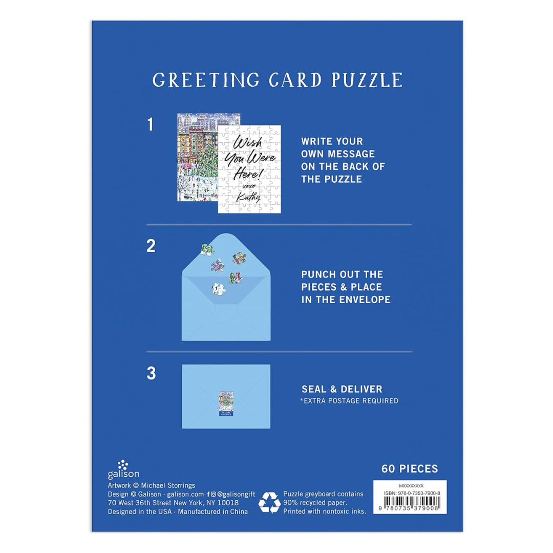 Greeting card puzzle packaging with instructions on a blue background
