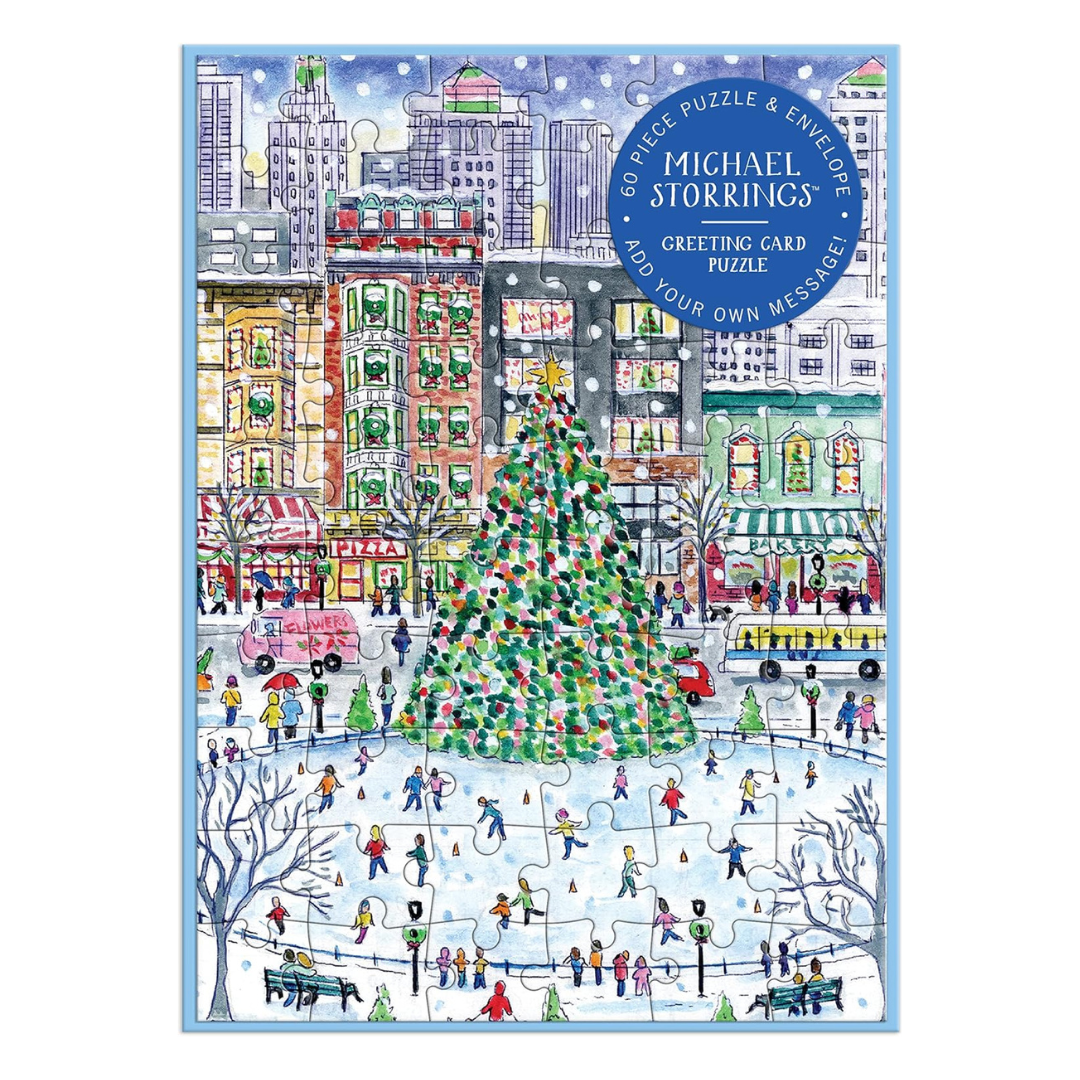 Puzzle packaging with a Christmas scene illustration on a white background