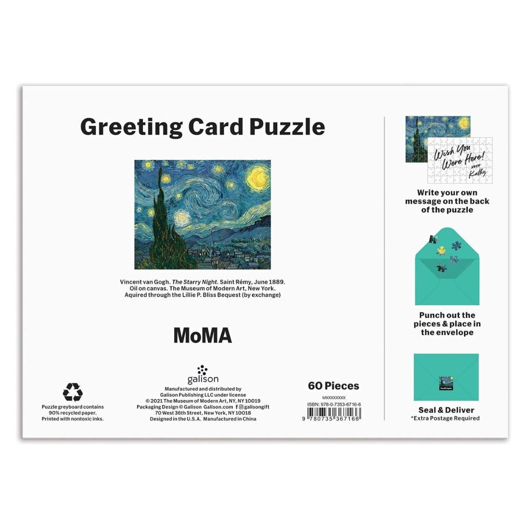 Greeting card puzzle packaging with Van Gogh's 'The Starry Night' illustration and MoMA branding.