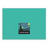 Teal envelope with a small square featuring 'Piece Me Together' on a white background