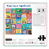 Purrfect Portraits puzzle packaging with illustrations of cats and puzzle piece graphic.