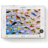 Bird-themed puzzle box with colorful illustrations of birds on a white background