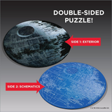 Double-sided puzzle of the Death Star with exterior and schematic views on a gray background.