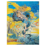 Jigsaw puzzle with a fantasy design featuring a mermaid and sea creatures on a blue and yellow background.