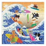 Jigsaw puzzle with cartoon animals surfing on a wave design